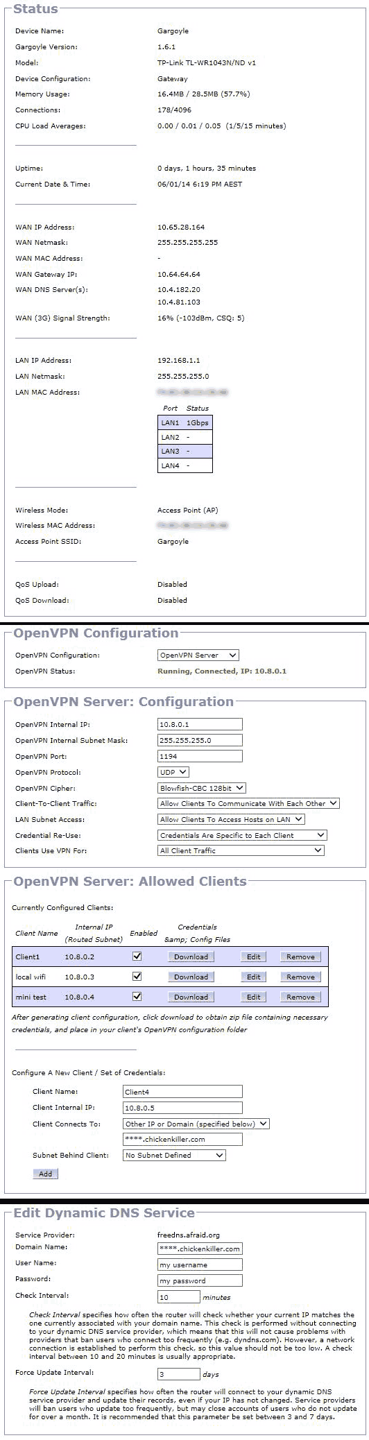 Gargoyle Status, OpenVPN and Dynamic DNS screenshots.
