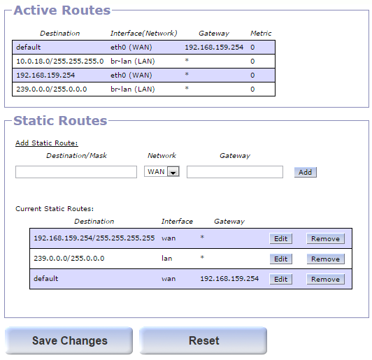 Route table on Gargoyle after adding entries manually