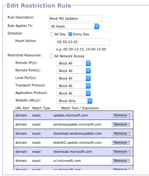 Screenshot of my Restriction rule to block MS updates.